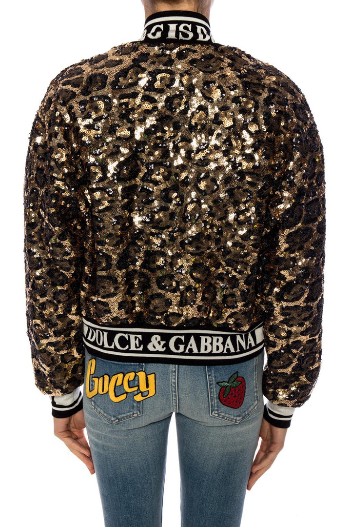 Dolce & Gabbana Sequin Embellished Leopard Print Bomber Jacket Veronique Luxury Collections