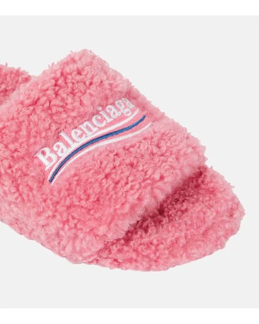 Balenciaga embroidered-logo faux-fur slides Veronique Luxury Collections