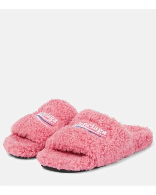 Balenciaga embroidered-logo faux-fur slides Veronique Luxury Collections