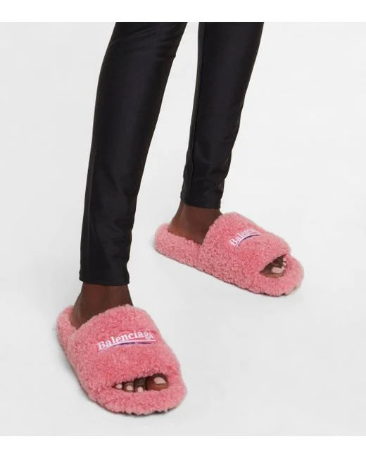 Balenciaga embroidered-logo faux-fur slides Veronique Luxury Collections