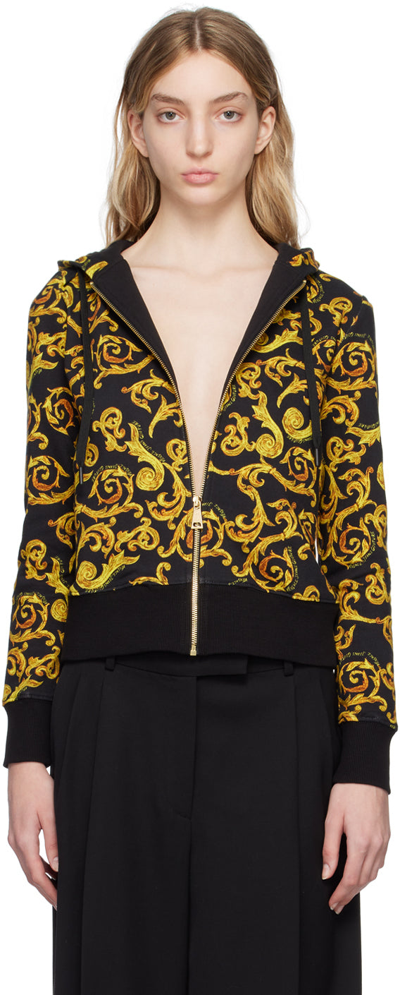 VERSACE JEANS  Black & Gold Tone Baroque Hoodie Veronique Luxury Collections