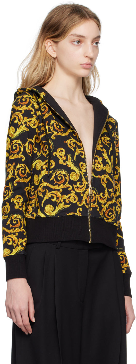 VERSACE JEANS  Black & Gold Tone Baroque Hoodie Veronique Luxury Collections