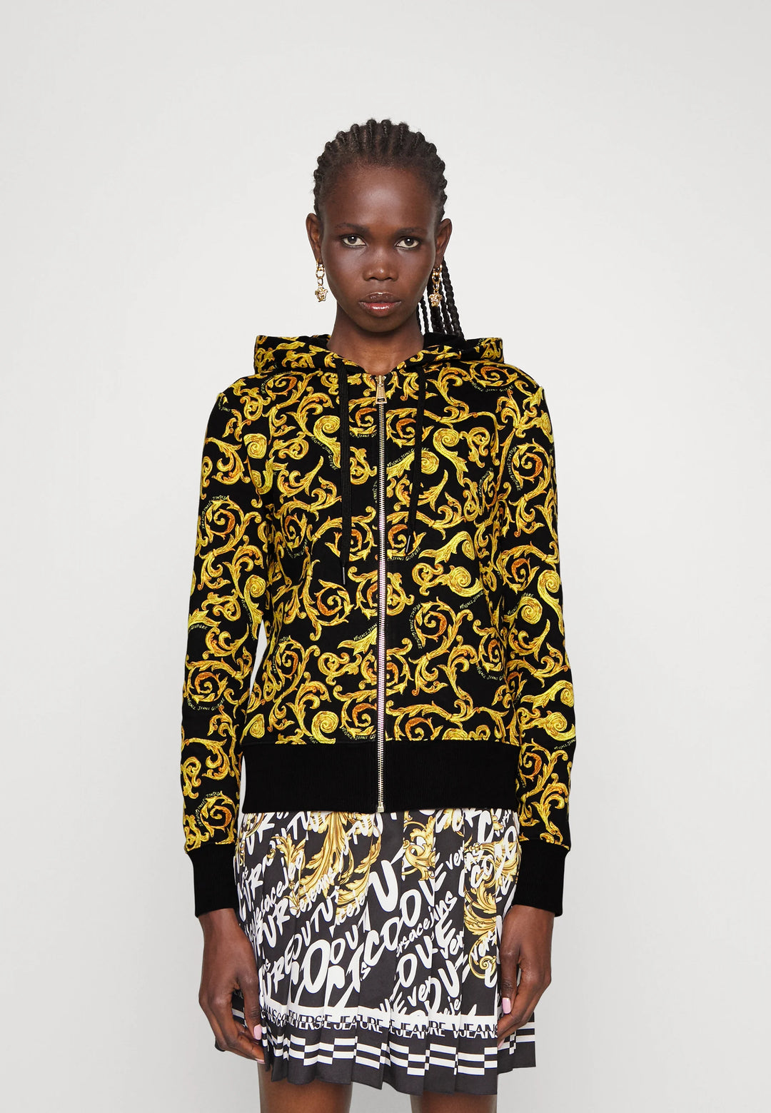 VERSACE JEANS  Black & Gold Tone Baroque Hoodie Veronique Luxury Collections
