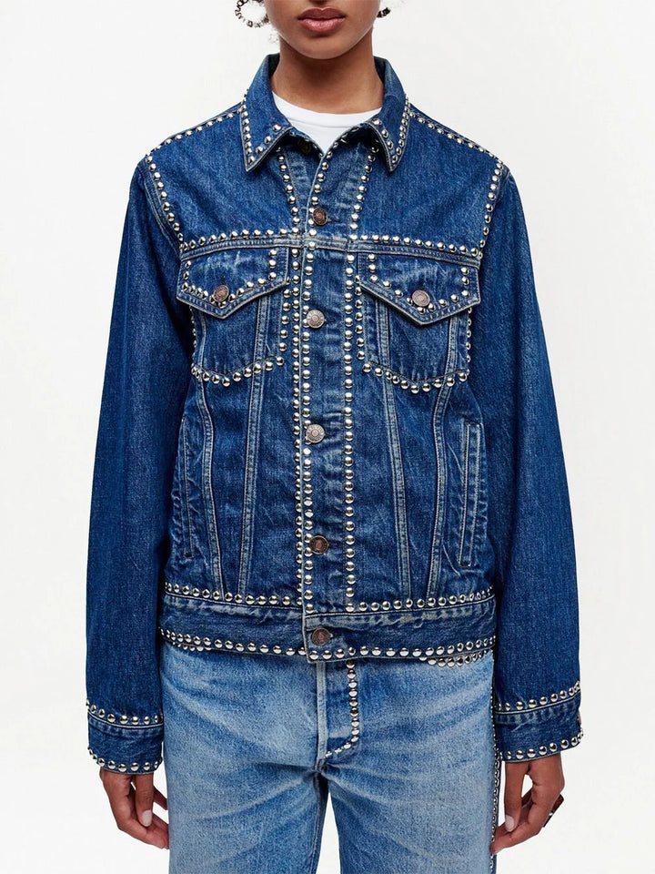RE/DONE denim Navy Studded oversized trucker jacket Veronique Luxury Collections