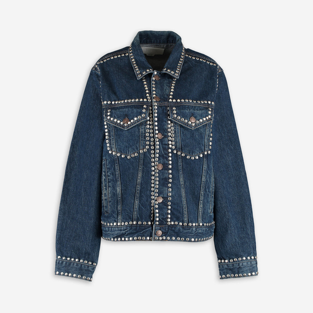 RE/DONE denim Navy Studded oversized trucker jacket Veronique Luxury Collections