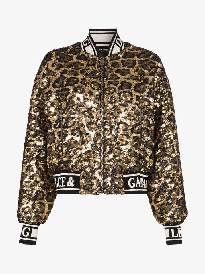 Dolce & Gabbana Sequin Embellished Leopard Print Bomber Jacket Veronique Luxury Collections