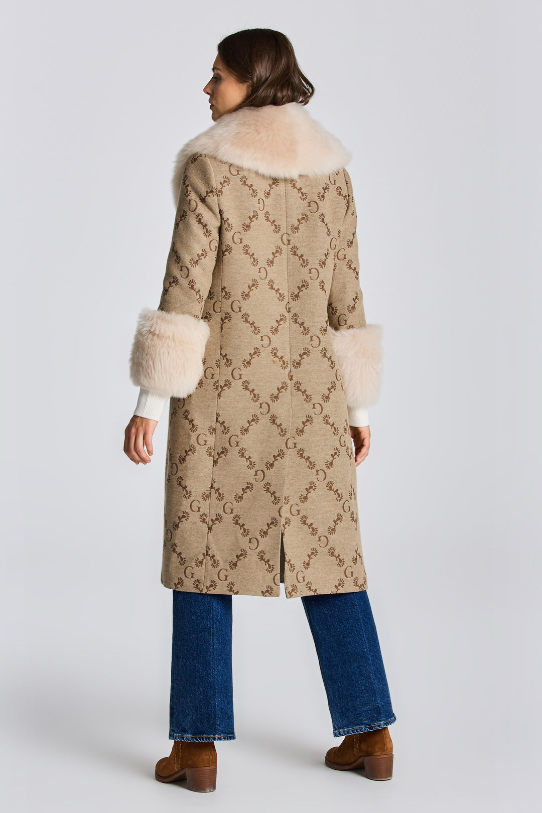 GANT  Toffee Beige Wool Jacquard Monogram Coat Veronique Luxury Collections