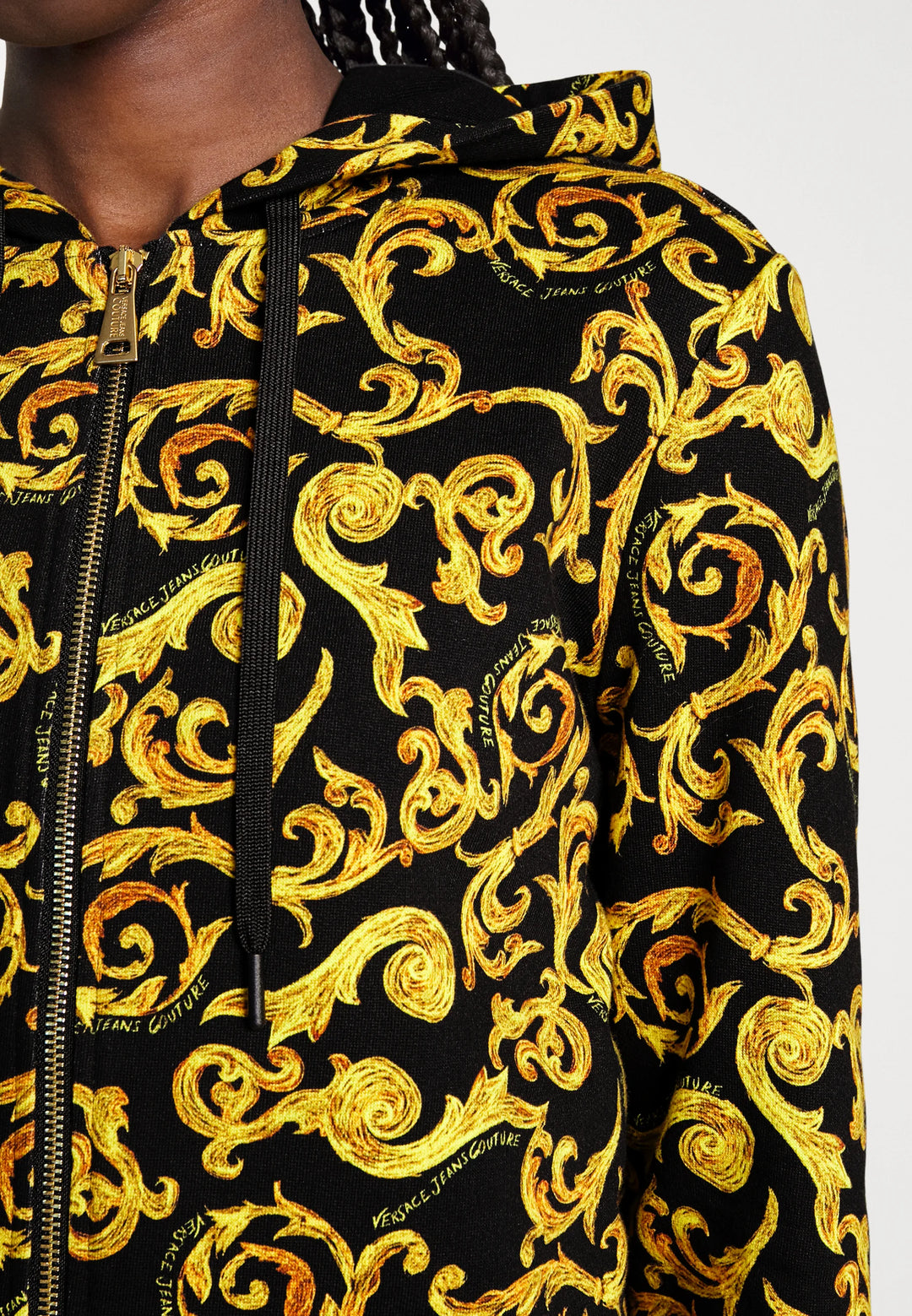 VERSACE JEANS  Black & Gold Tone Baroque Hoodie Veronique Luxury Collections