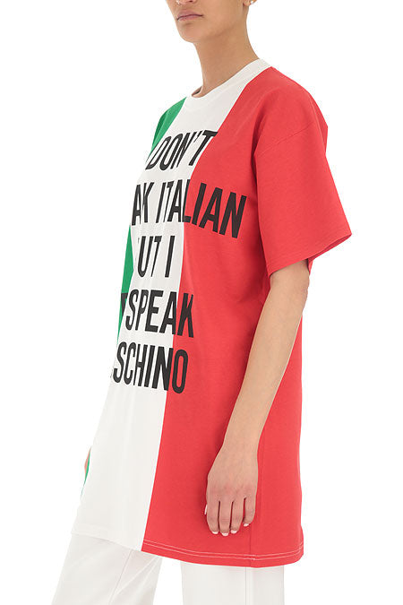 MOSCHINO COUTURE  Multicoloured Slogan T Shirt Dress Italian flag print oversized T-shirt Veronique Luxury Collections
