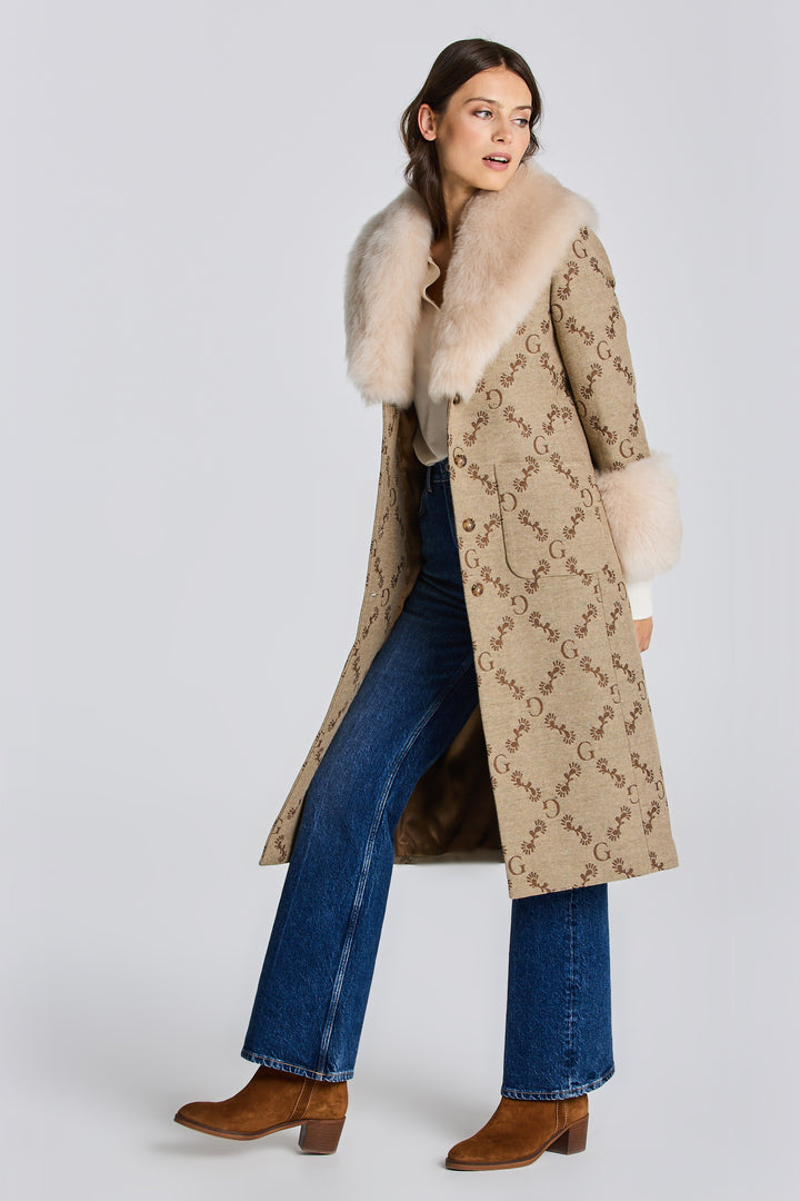 GANT  Toffee Beige Wool Jacquard Monogram Coat Veronique Luxury Collections