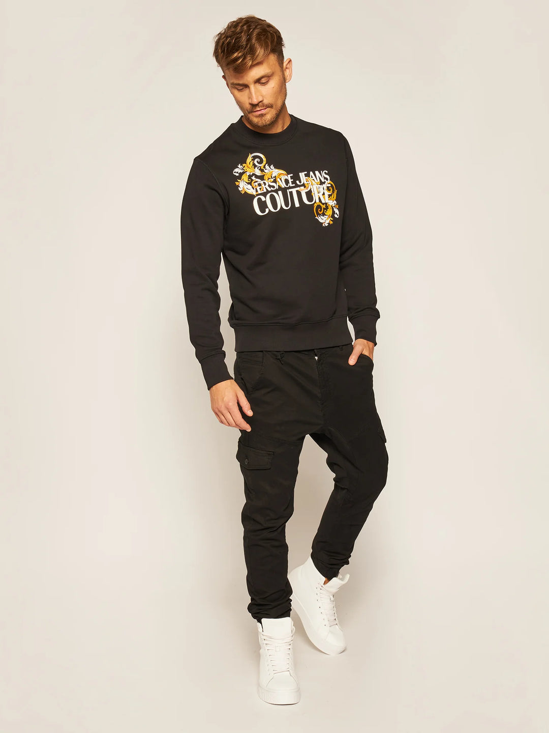 VERSACE JEANS COUTURE Black Baroque Print Sweatshirt Veronique Luxury Collections