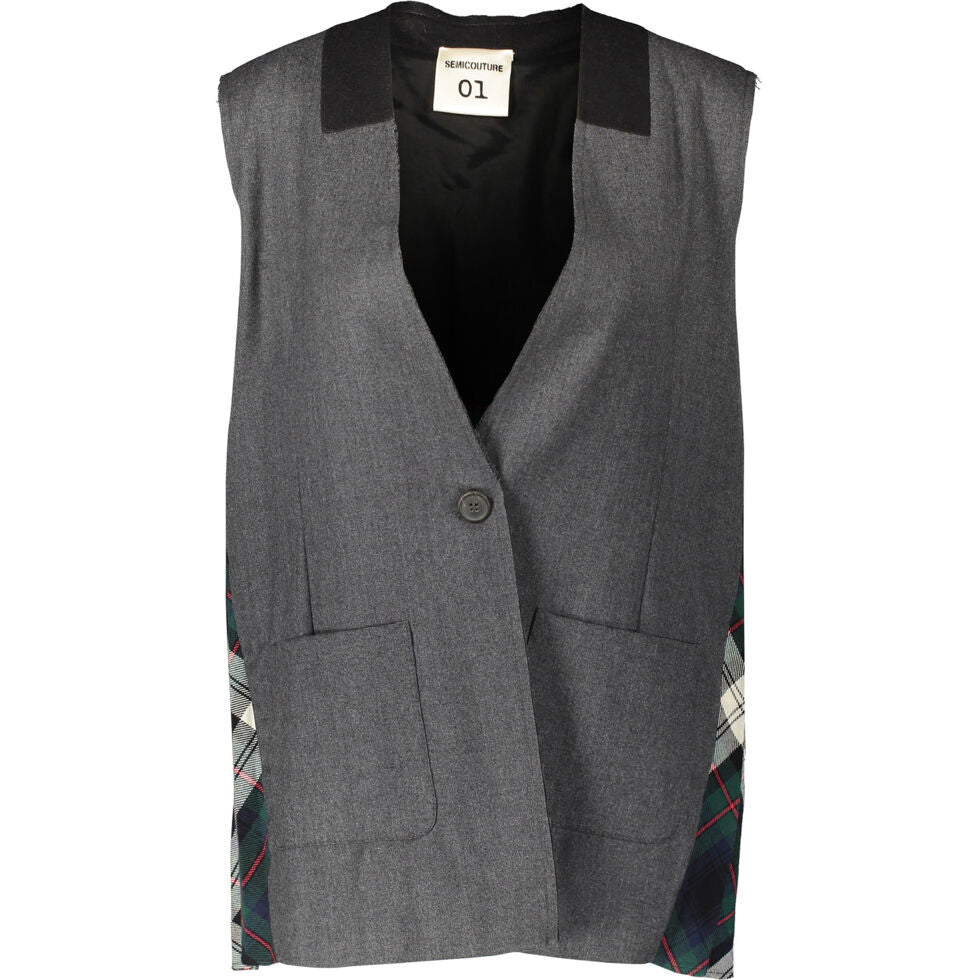 SEMICOUTURE Grey Tartan Long Waistcoat Veronique Luxury Collections