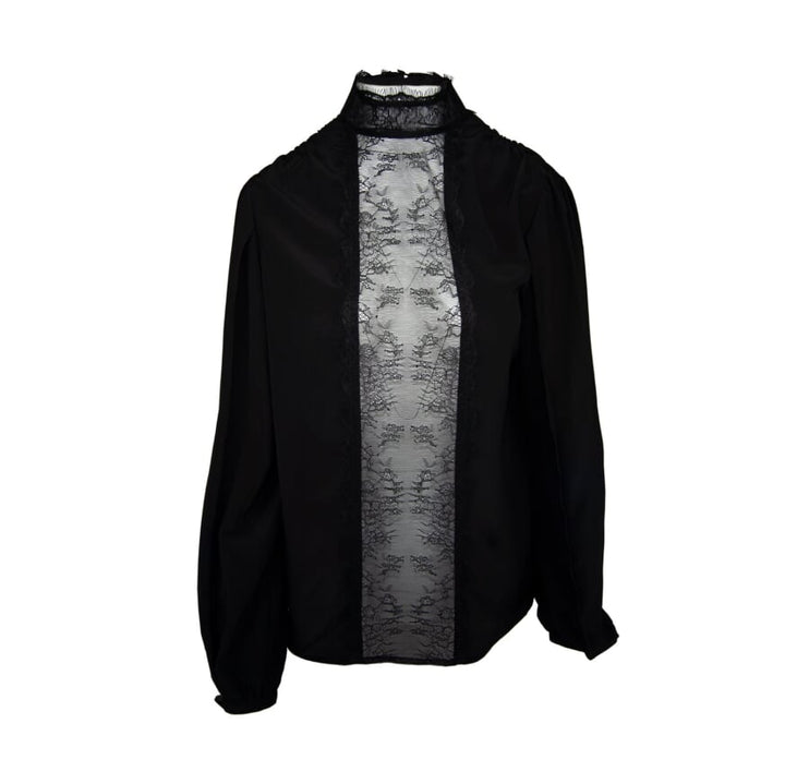 SLY010 Black SHIRT ,Chantilly lace see through silk blouse with high collar. Veronique Luxury Collections