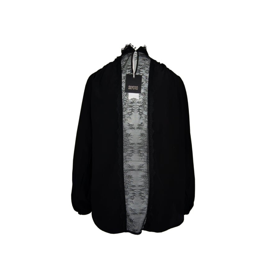 SLY010 Black SHIRT ,Chantilly lace see through silk blouse with high collar. Veronique Luxury Collections