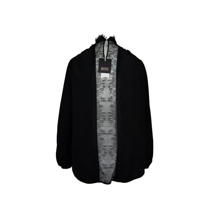 SLY010 Black SHIRT ,Chantilly lace see through silk blouse with high collar. Veronique Luxury Collections