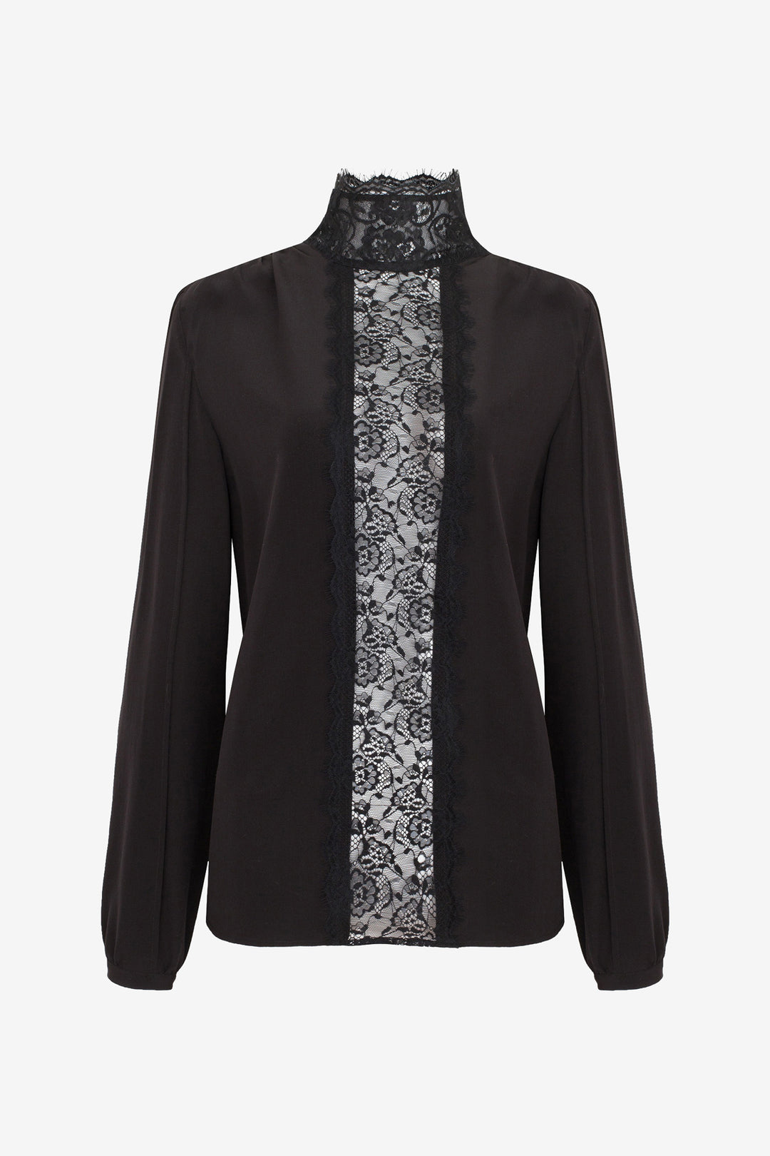 SLY010 Black SHIRT ,Chantilly lace see through silk blouse with high collar. Veronique Luxury Collections
