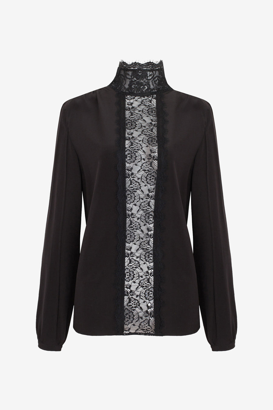 SLY010 Black SHIRT ,Chantilly lace see through silk blouse with high collar. Veronique Luxury Collections