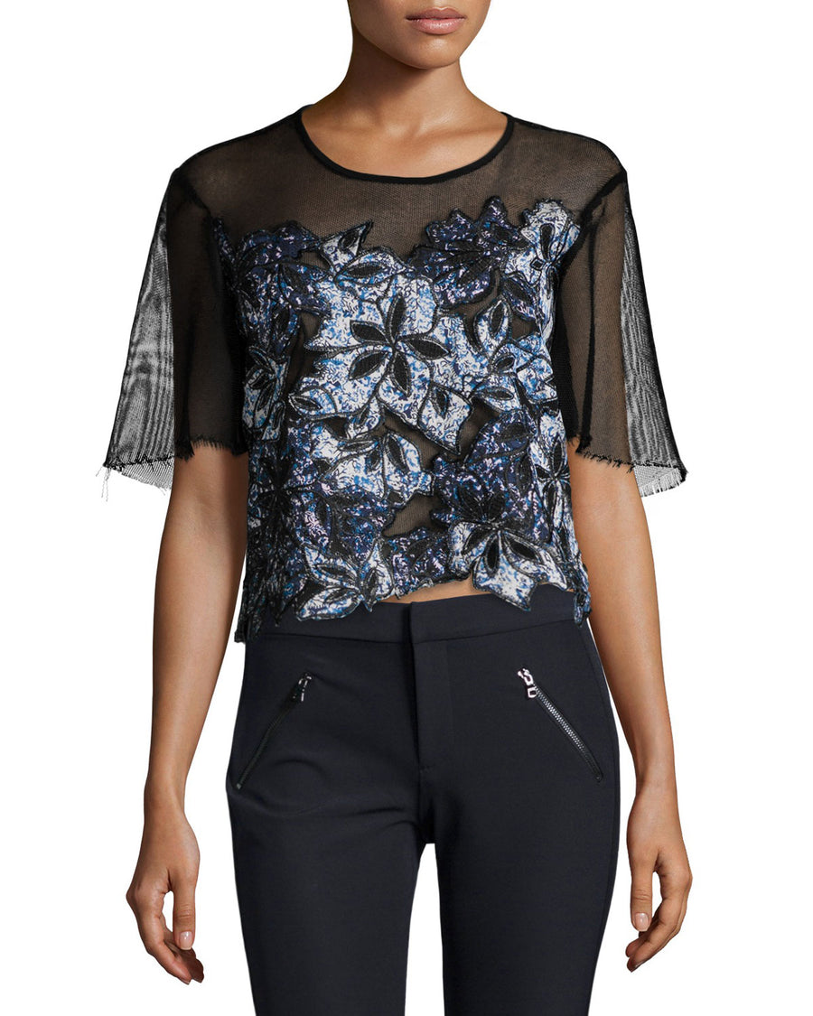 Rebecca Taylor Short-Sleeve Embroidered Mesh Top Veronique Luxury Collections