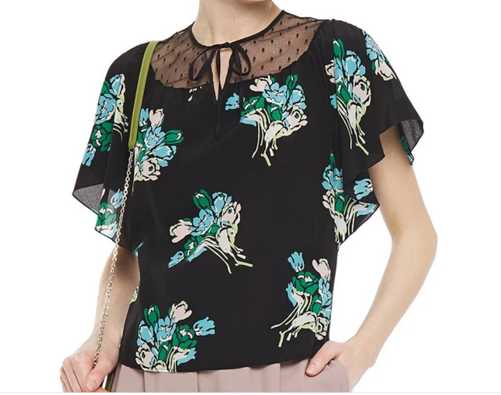 RED VALENTINO Point d'esprit-paneled floral-print silk crepe de chine top Veronique Luxury Collections