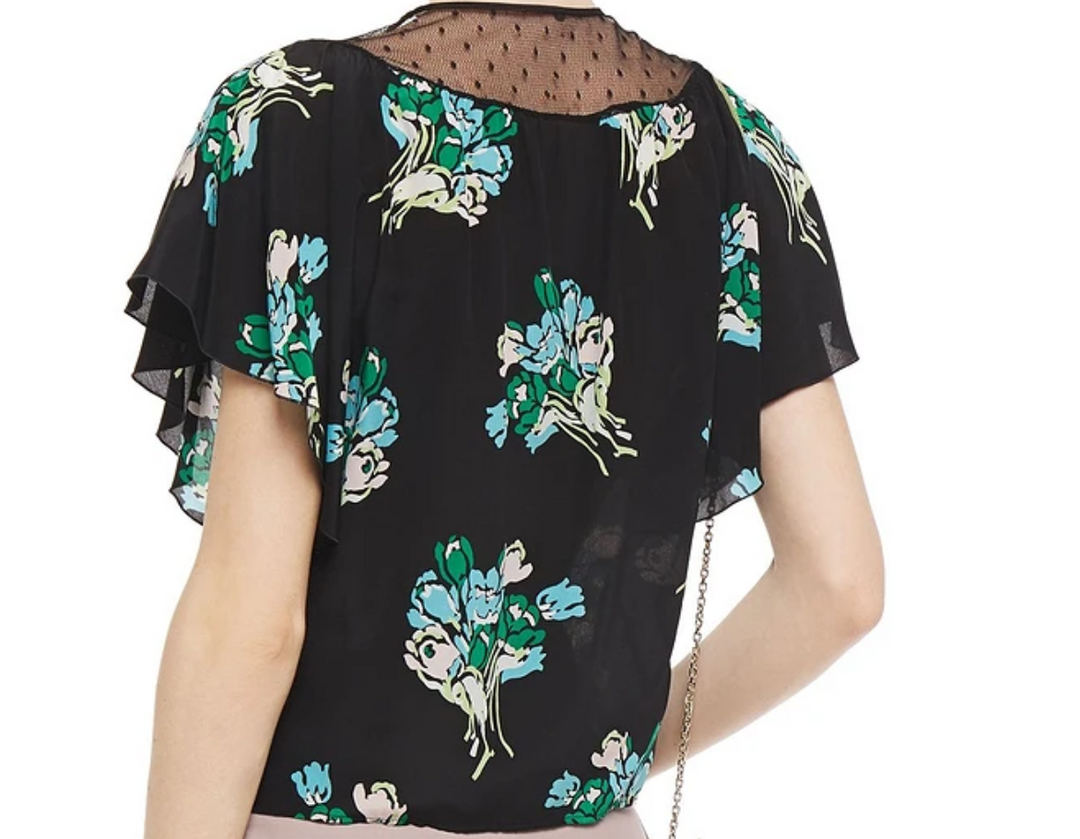 RED VALENTINO Point d'esprit-paneled floral-print silk crepe de chine top Veronique Luxury Collections