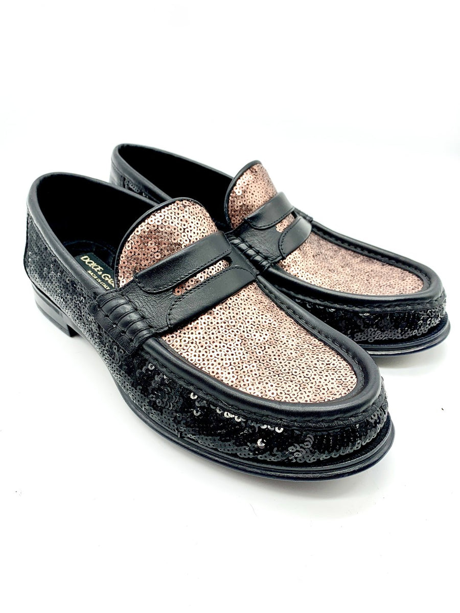 Dolce & Gabbana Sequinned Black & Bronze Loafer Shoes Veronique Luxury Collections