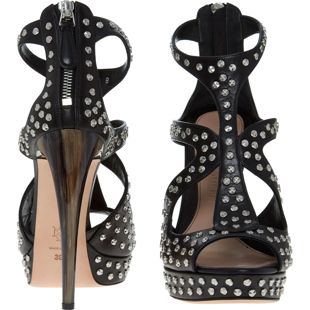 ALEXANDER MCQUEEN  Black Leather Studded Heeled Sandals Veronique Luxury Collections