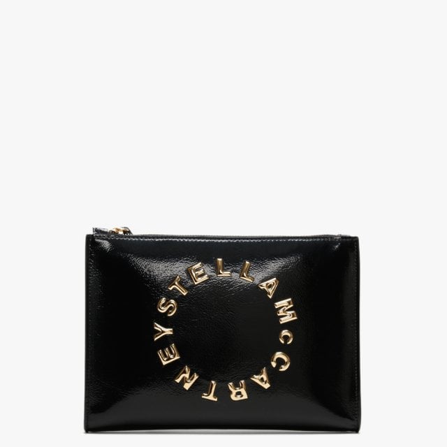 Stella Mccartney Black Patent Logo Clutch Veronique Luxury Collections