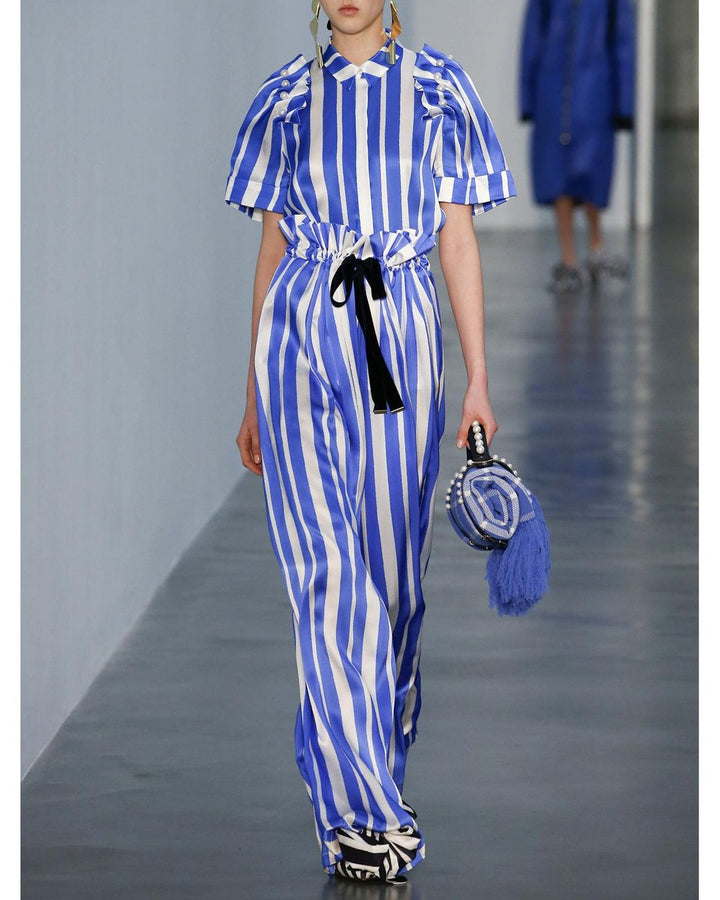 MOTHER OF PEARL  Blue & White Stripe Silk Wide Leg Flared Trousers
