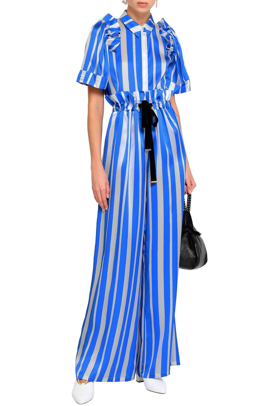 MOTHER OF PEARL  Blue & White Stripe Silk Wide Leg Flared Trousers