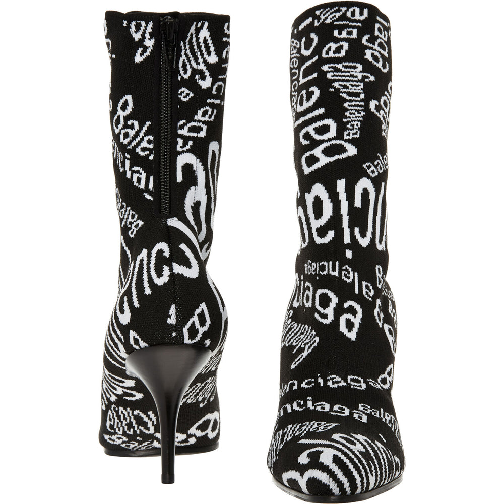 BALENCIAGA Black & White Heeled  Monogram Knit Ankle Boots Veronique Luxury Collections