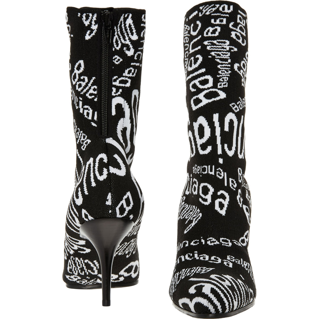 BALENCIAGA Black & White Heeled  Monogram Knit Ankle Boots Veronique Luxury Collections