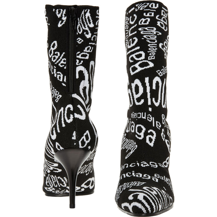 BALENCIAGA Black & White Heeled  Monogram Knit Ankle Boots Veronique Luxury Collections