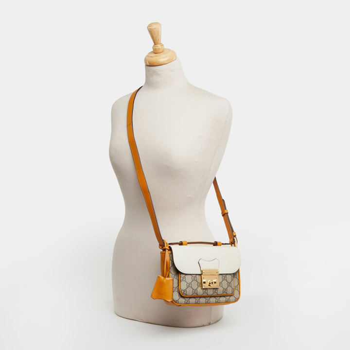 GUCCI  Tan & White Leather GG Supreme Cross Body Bag Veronique Luxury Collections