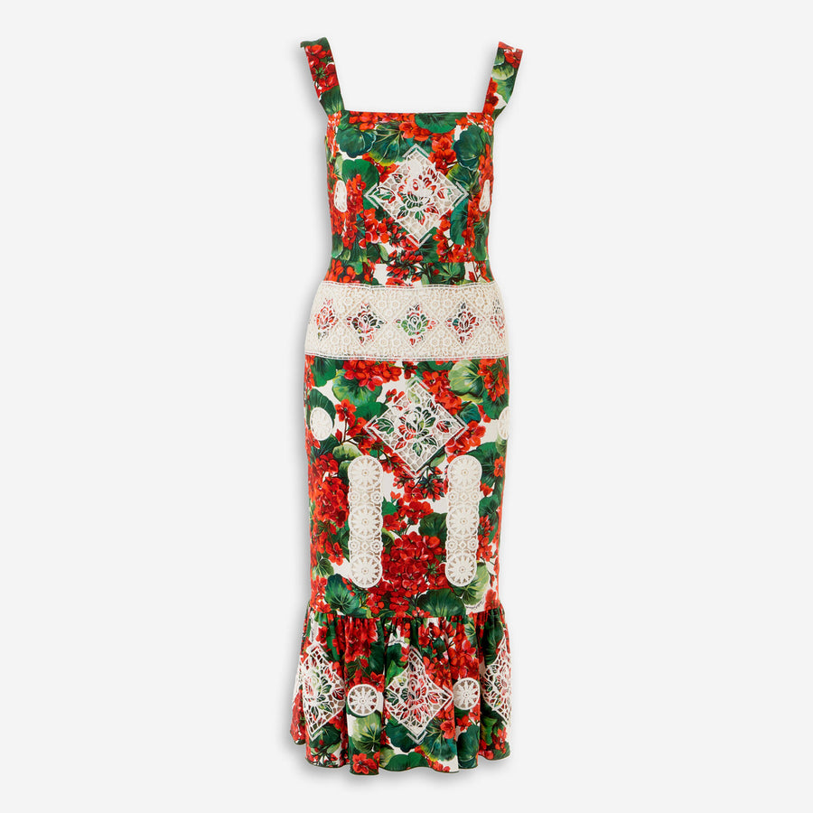 DOLCE & GABBANA  Red & Green Floral Midi Dress Veronique Luxury Collections