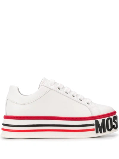 Copy of MOSCHINO MILANO  White Leather Cassetta Trainers logo-embossed platform sneakers Veronique Luxury Collections