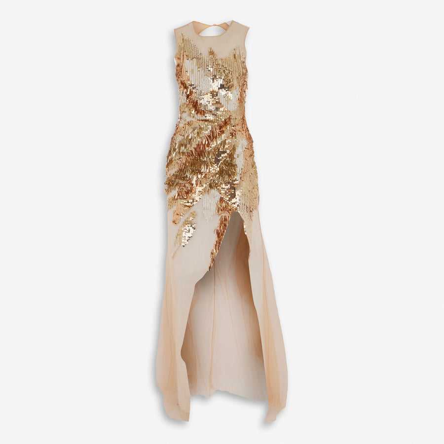 ELISABETTA FRANCHI  Gold Tone Embellished Occasion Dress Veronique Luxury Collections