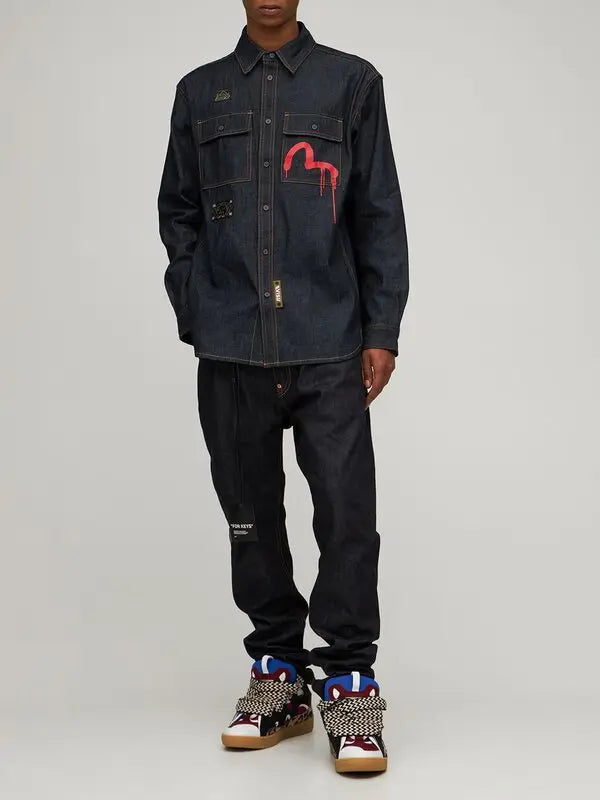 EVISU  Navy & Red Paint Splatter Denim Overshirt Veronique Luxury Collections