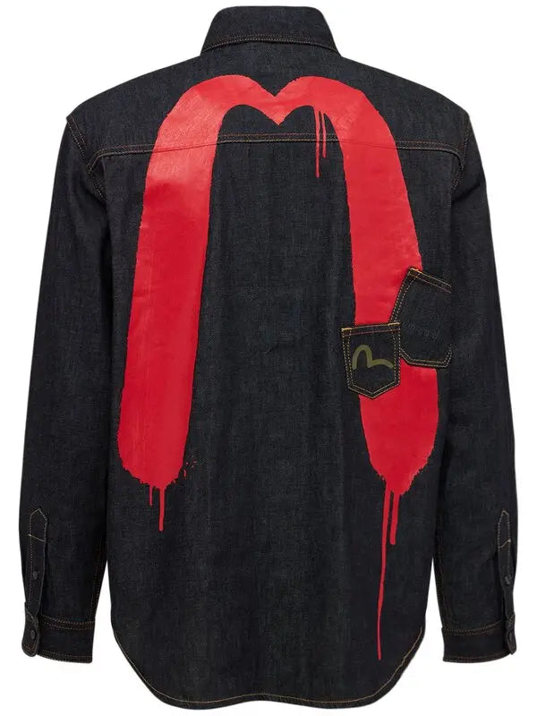 EVISU  Navy & Red Paint Splatter Denim Overshirt Veronique Luxury Collections
