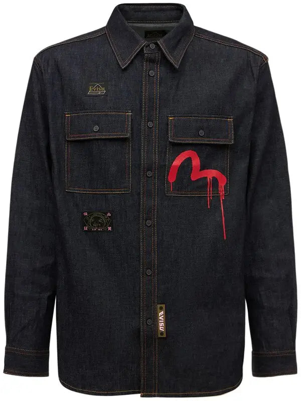 EVISU  Navy & Red Paint Splatter Denim Overshirt Veronique Luxury Collections