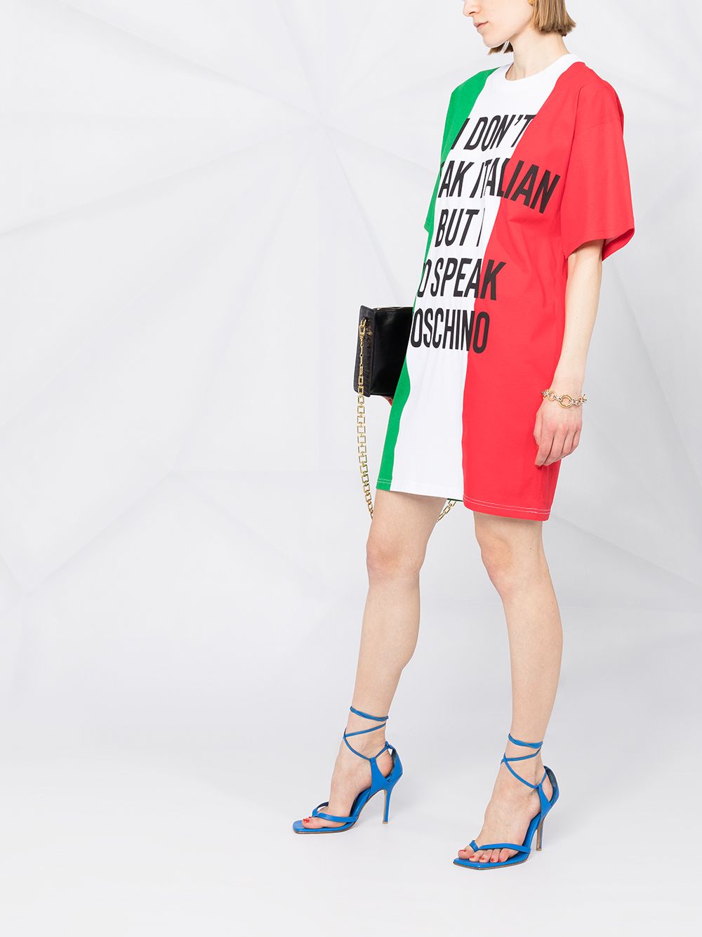 MOSCHINO COUTURE  Multicoloured Slogan T Shirt Dress Italian flag print oversized T-shirt Veronique Luxury Collections