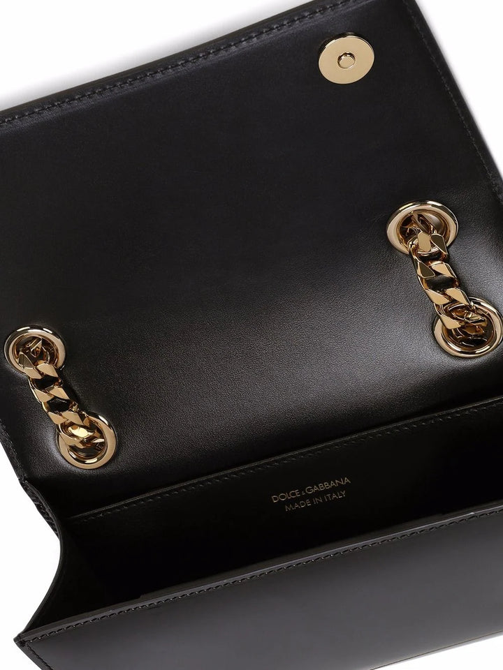 DOLCE & GABBANA Black & Gold Tone Logo 3.5 polished leather Phone Bag Veronique Luxury Collections