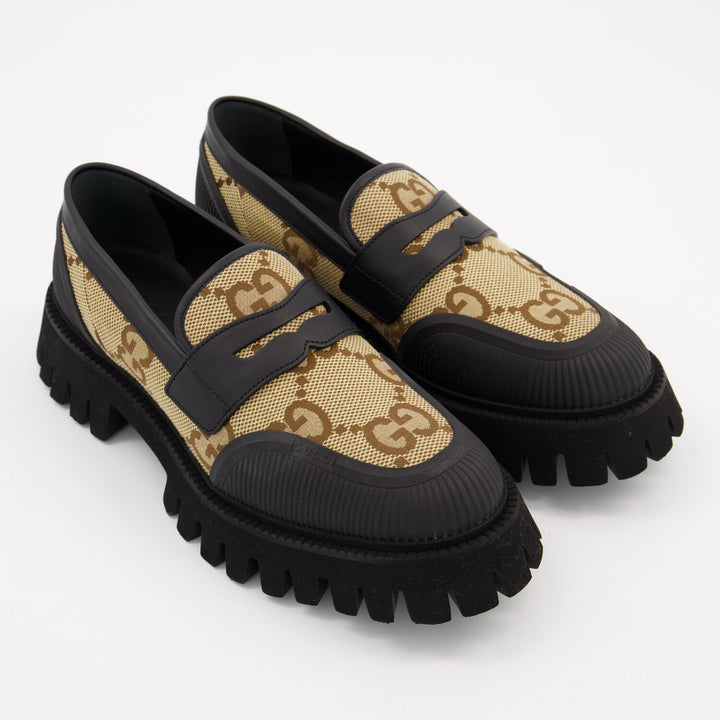 Gucci  Black & Beige Monogram Logo Loafers Veronique Luxury Collections