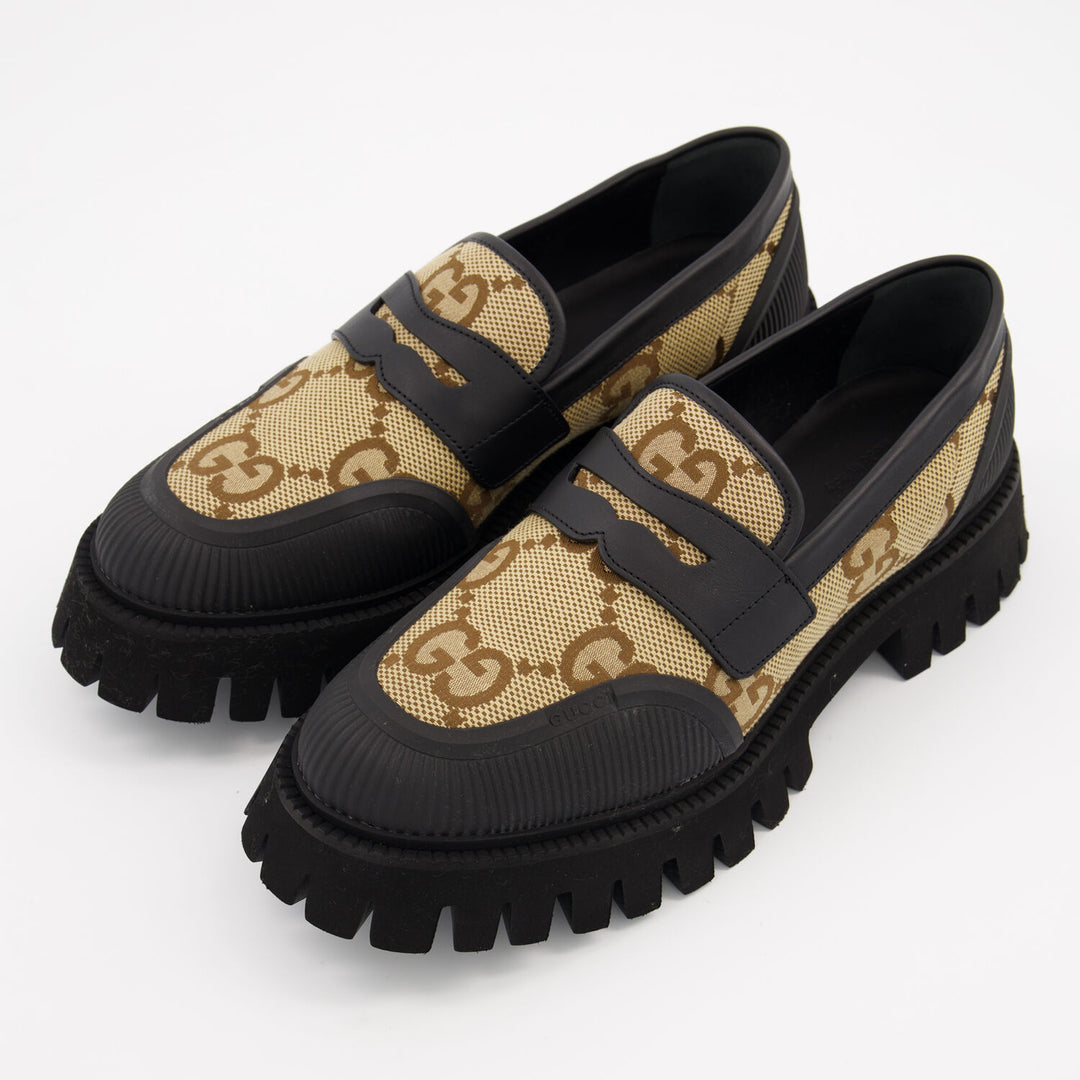 Gucci  Black & Beige Monogram Logo Loafers Veronique Luxury Collections