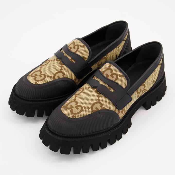 Gucci  Black & Beige Monogram Logo Loafers Veronique Luxury Collections