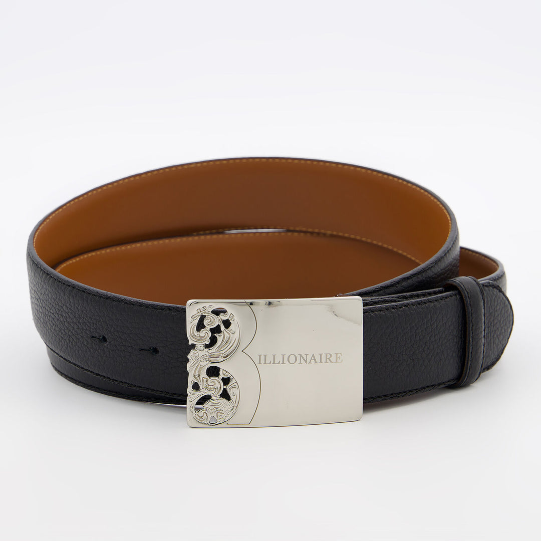 BILLIONAIRE  Black Leather Branded Buckle Belt Veronique Luxury Collections