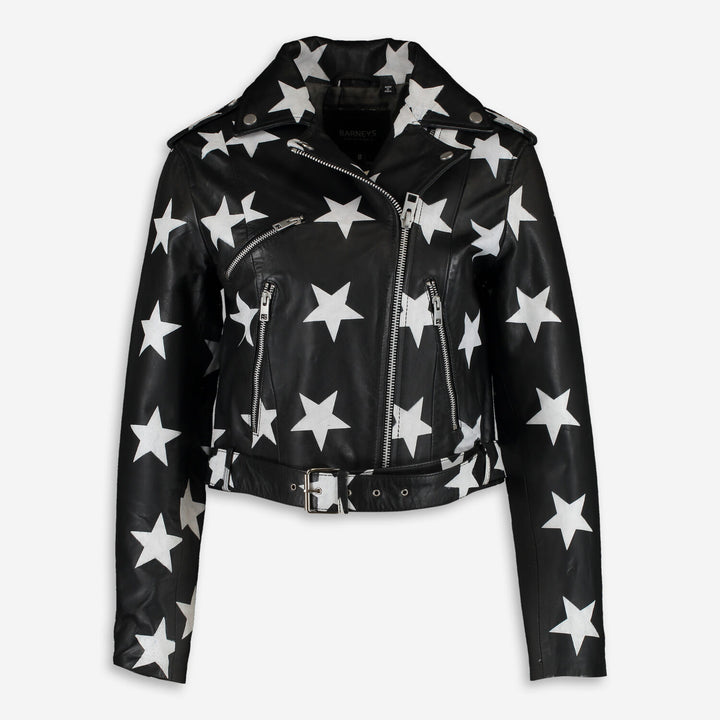 BARNEYS ORIGINALS  Black Leather Stars Black Widow Biker Jacket Veronique Luxury Collections