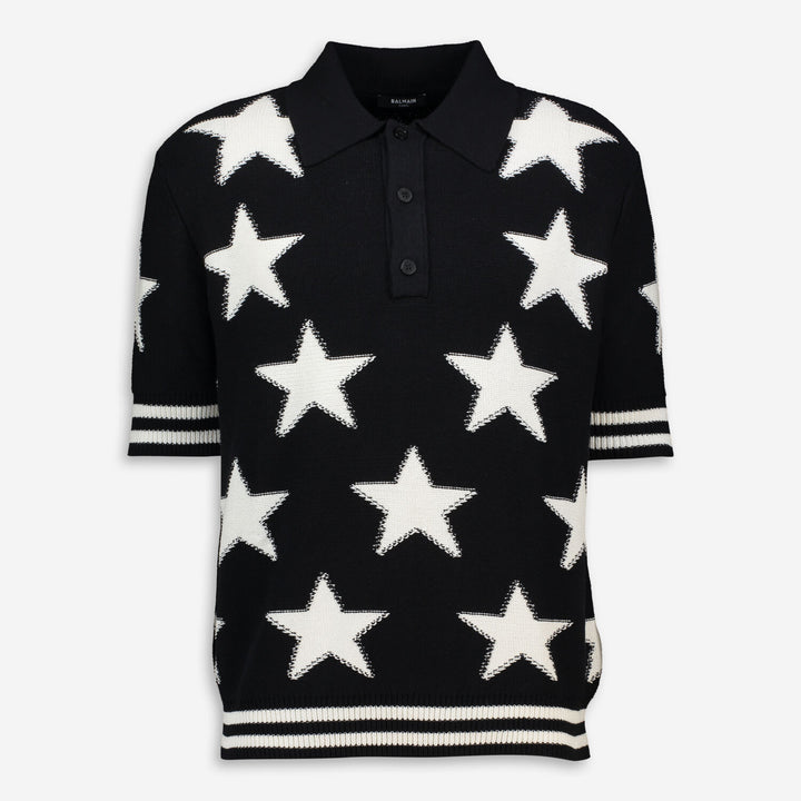 Balmain  Black & White Star Knit Polo Shirt Veronique Luxury Collections