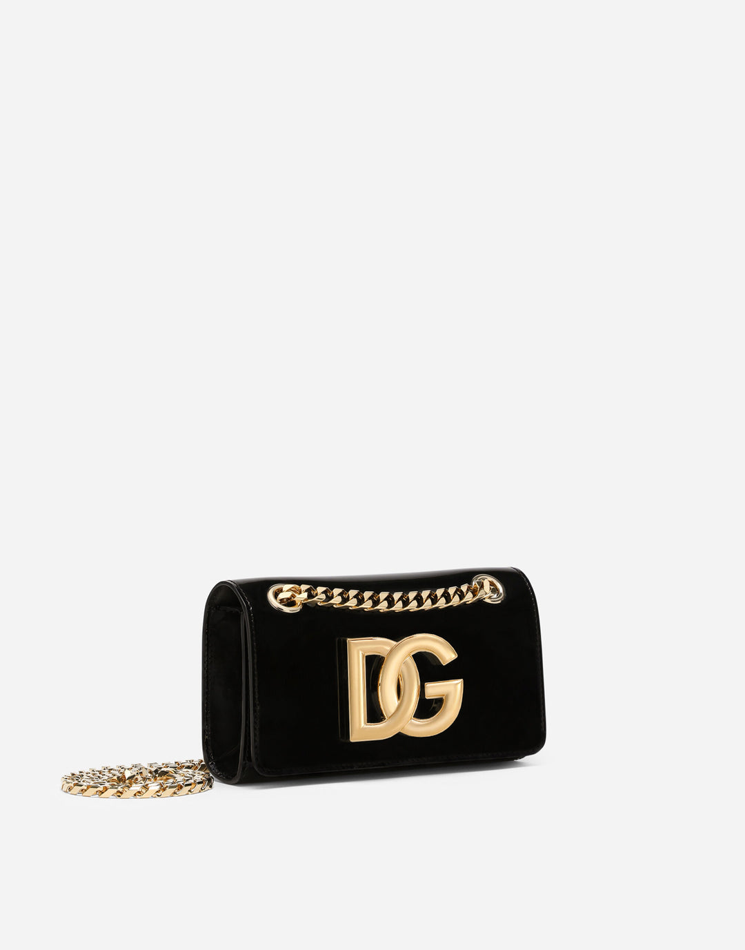 DOLCE & GABBANA Black & Gold Tone Logo 3.5 polished leather Phone Bag Veronique Luxury Collections