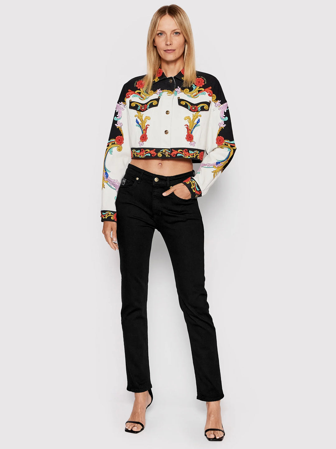 VERSACE JEANS COUTURE
Sun Flower Garland Print Denim Jacket In White Veronique Luxury Collections