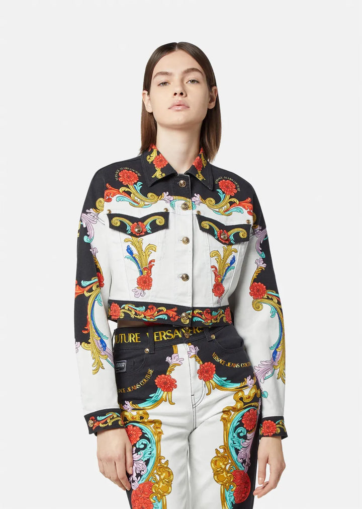 VERSACE JEANS COUTURE
Sun Flower Garland Print Denim Jacket In White Veronique Luxury Collections